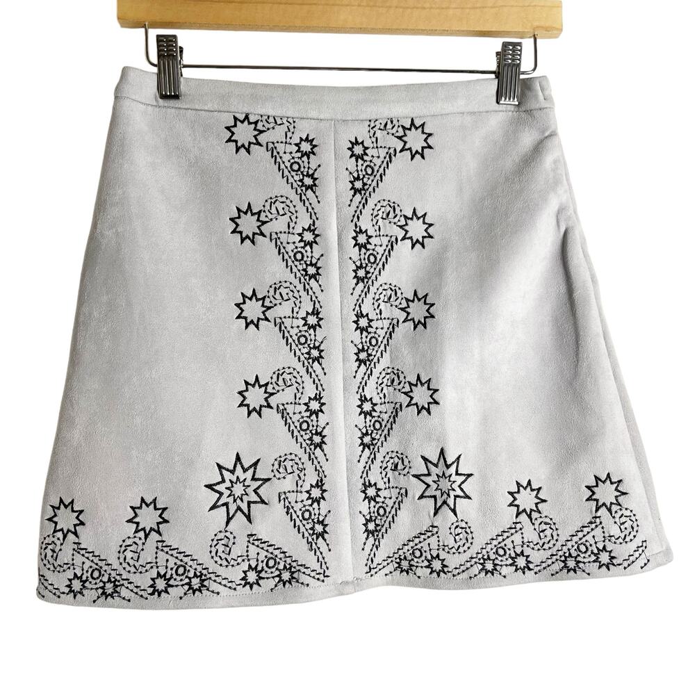 Seek The Label Gray Faux Suede Embroidered A-Line Mini Skirt Size Small